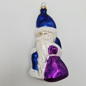 Glass Blue and White Santa Claus Glitter Details Christmas Ornament